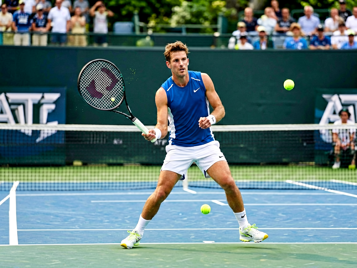 ATP男子职业网球巡回赛赛事现场，展示职业网球运动员竞技风采