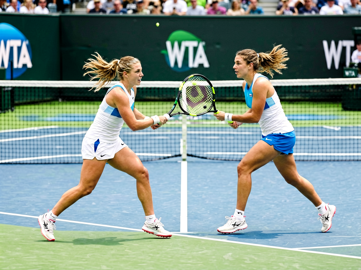 WTA迈阿密公开赛现场，女子网球选手在硬地球场上激烈对抗