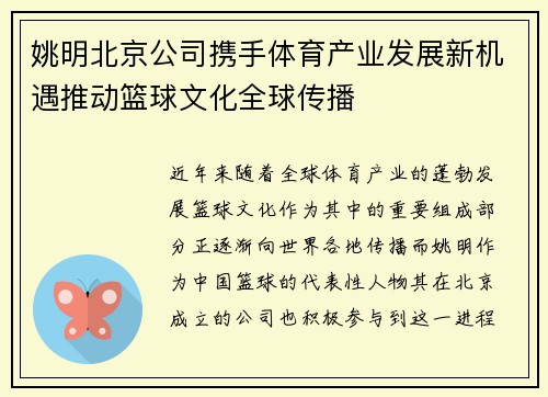 姚明北京公司携手体育产业发展新机遇推动篮球文化全球传播