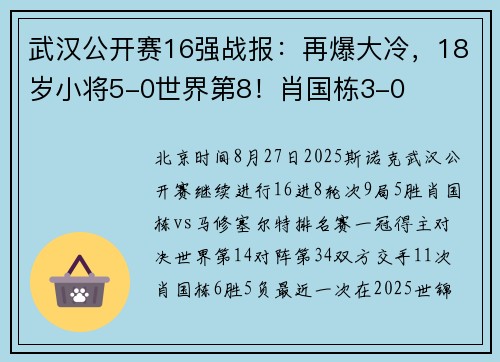 武汉公开赛16强战报：再爆大冷，18岁小将5-0世界第8！肖国栋3-0