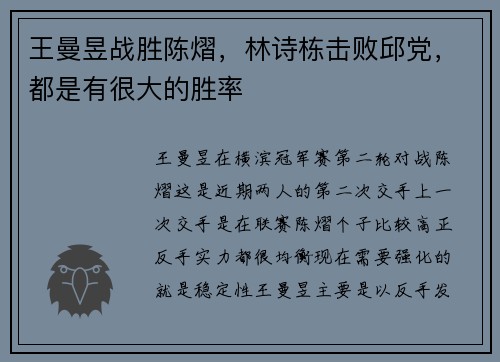 王曼昱战胜陈熠，林诗栋击败邱党，都是有很大的胜率